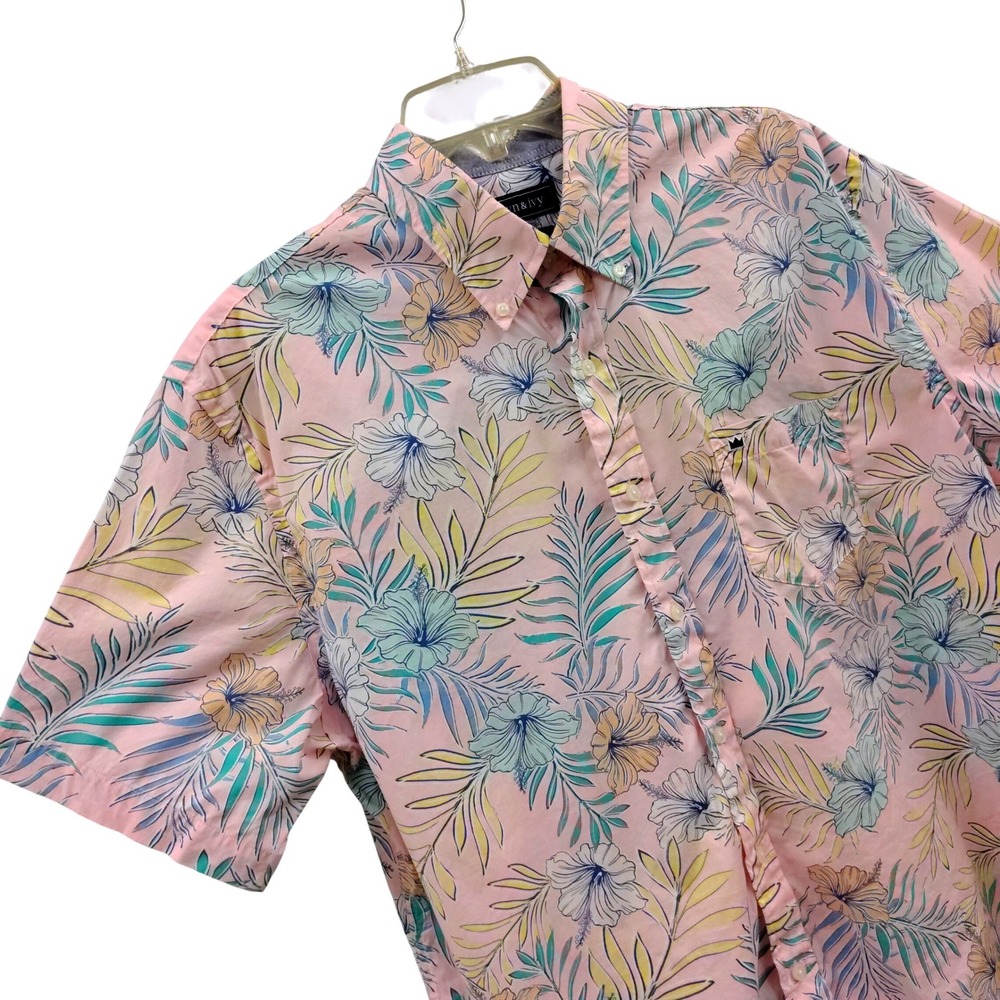 Crown & Ivy Mens L Pink Tropical Floral Hibiscus Short Sleeve Button‎ Down Shirt